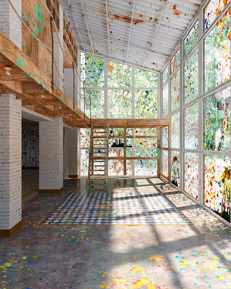 an artist's rendering of a room with lots of paint splattered on the walls