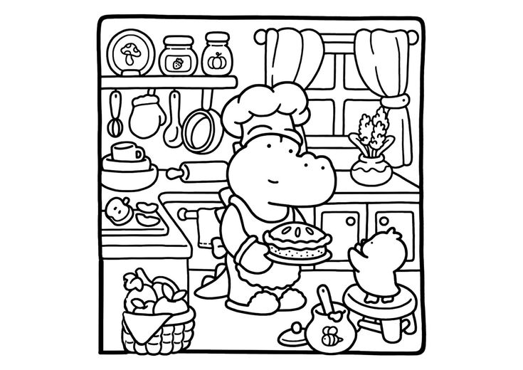 a black and white drawing of a hippo in the kitchen with food on the counter