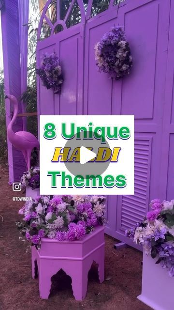 purple planters with flowers in front of them and the words 8 unique hadi themes