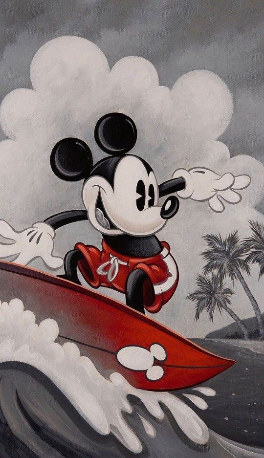 a painting of mickey mouse riding a surfboard