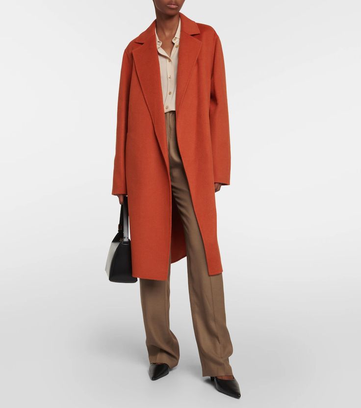 Cenda Wool And Cashmere Wrap Coat in Orange - Joseph | Mytheresa Orange Coat Outfit Autumn, Terracotta Jacket Outfit, Orange Wool Coat Outfit, Chic Cashmere Wool Coat For Office, Long Cashmere Sweater Coat For Work, Formal Orange Outerwear For Fall, Elegant Orange Office Outerwear, Orange Wool Winter Outerwear, Orange Wool Outerwear For Fall