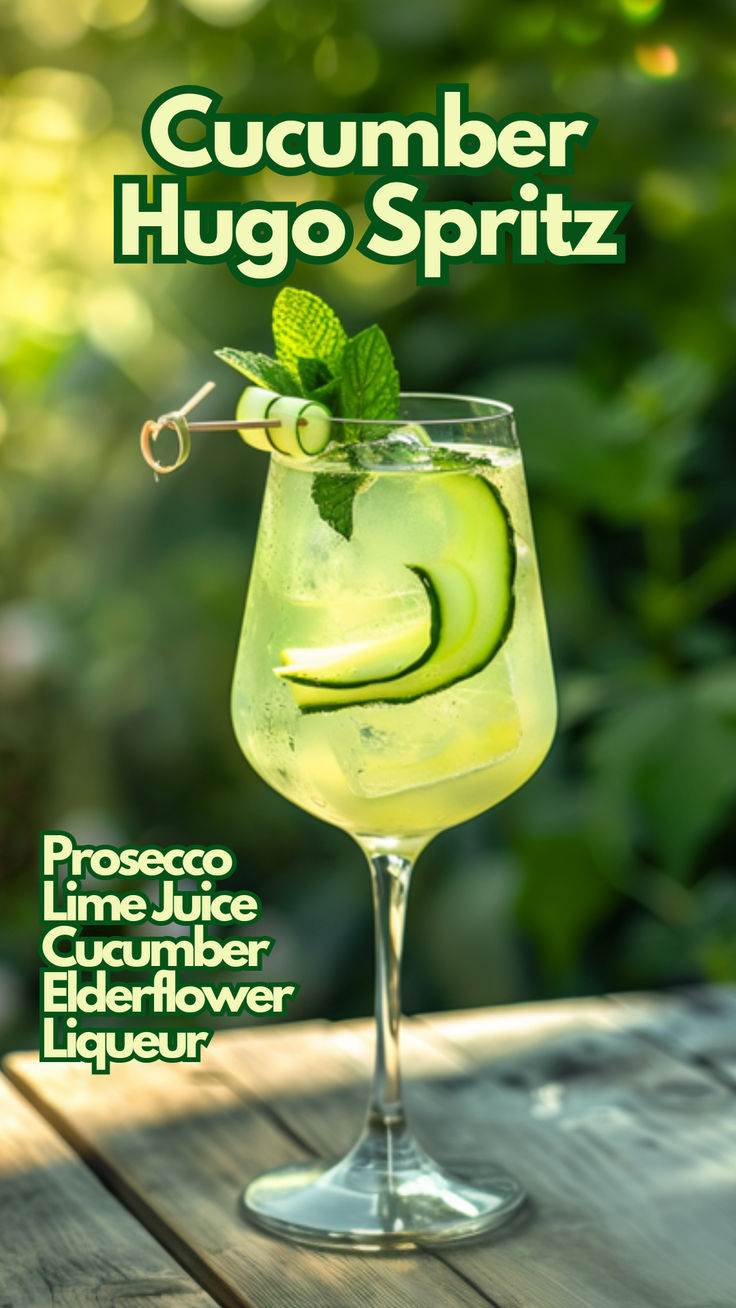 Cucumber Hugo Spritz Cucumber Cocktail Recipes, Elderflower Liqueur Recipes, Elderflower Spritz, Hugo Drink, Hugo Spritz, Spritz Drink, Cucumber Drink, Prosecco Drinks, Elderflower Cocktail