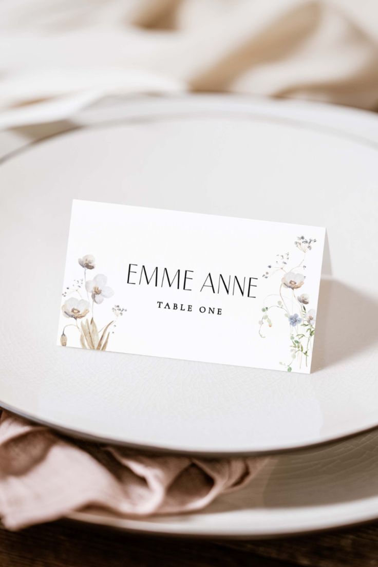 a white plate with a place card on it