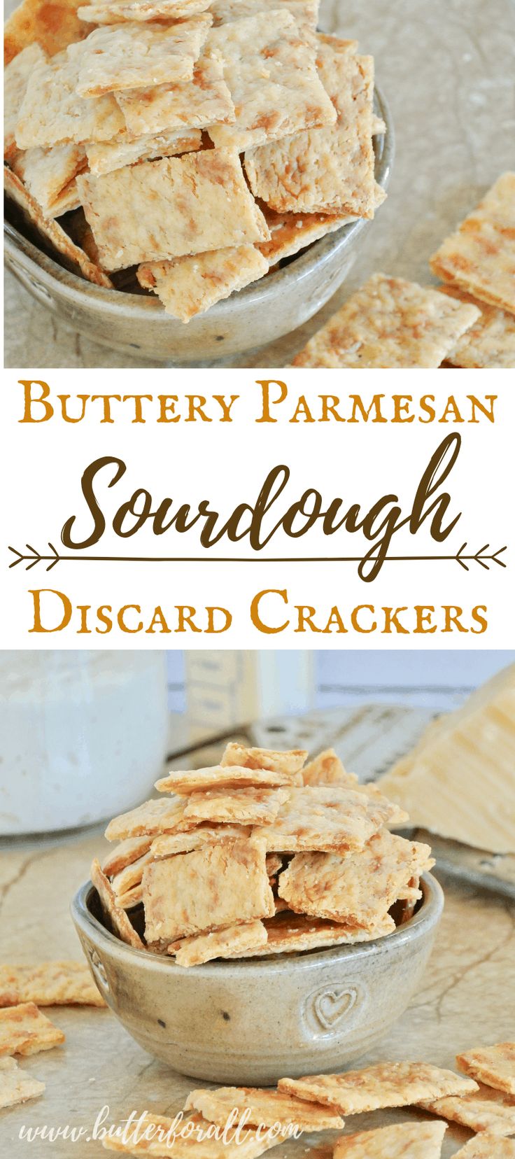 homemade buttery parmesan sourdough crackers in a bowl