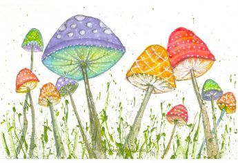 a painting of many different colored mushrooms in the grass with water droplets on their tops