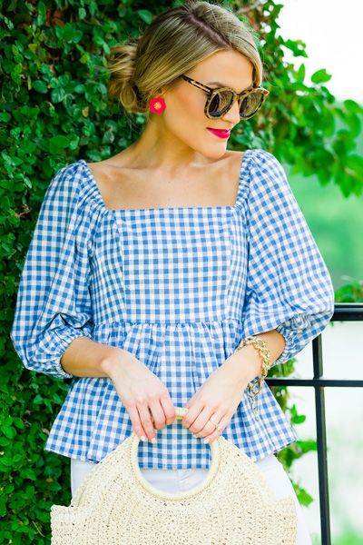 Mandy Gingham Peplum :: SALE :: The Blue Door Boutique Summer Cotton Puff Sleeve Top With Square Neck, Summer Cotton Puff Sleeve Top With Smocked Bodice, Chic Gingham Top With Smocked Bodice, Spring Chic Gingham Smocked Top, Summer Gingham Blouse For Picnic, Summer Plaid Puff Sleeve Blouse, Plaid Puff Sleeve Blouse For Summer, Summer Puff Sleeve Tops For Picnic, Chic Cotton Puff Sleeve Top With Smocked Back