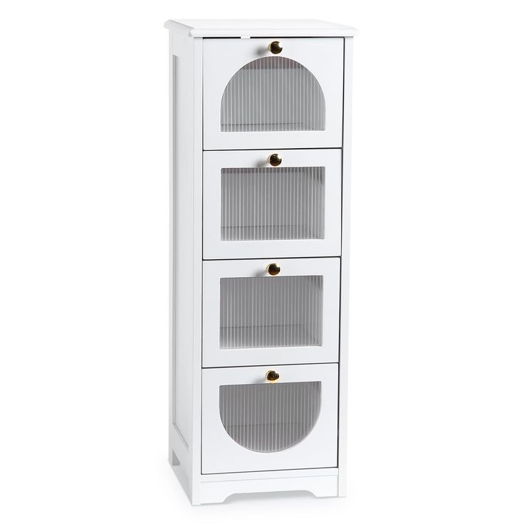 a white cabinet with three compartments and two doors