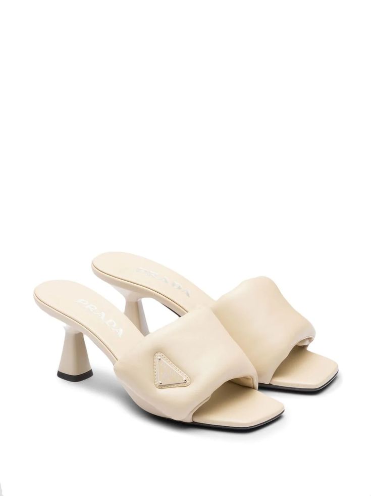 Prada logo-plaque Padded Mules - Farfetch Shoes Room, Prada Mules, Padded Sandals, Design Triangle, Baddie Vibes, Shoe Room, Prada Sandals, Shoes Heels Classy, Prada Logo