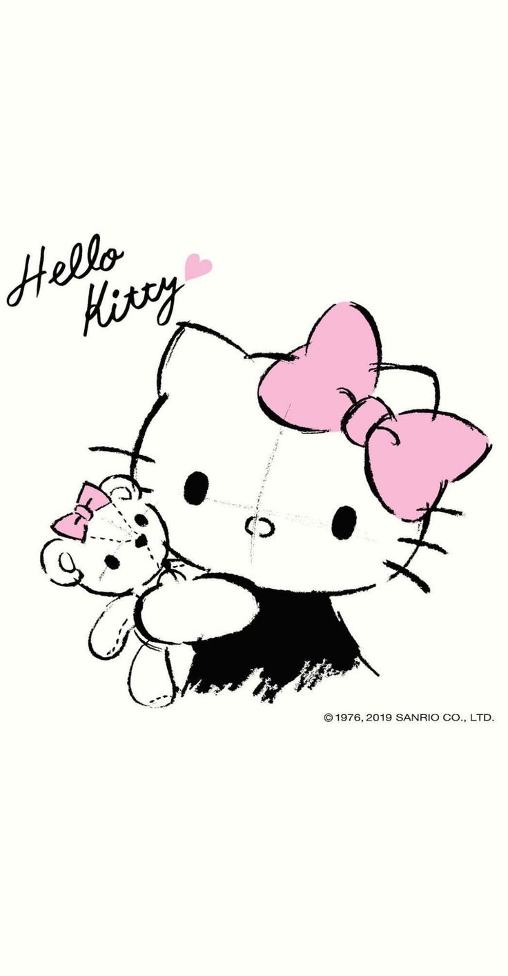 hello kitty holding a teddy bear with the word hello kitty on it's chest