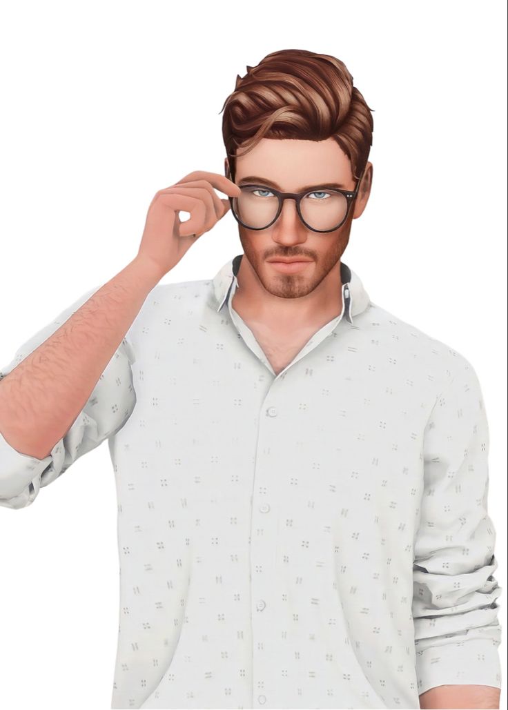 a man with glasses and a white shirt is holding his hair in one hand while looking at the camera