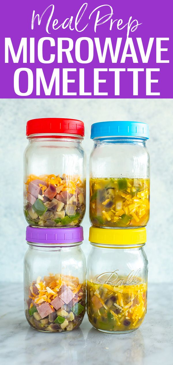 three glass jars filled with different types of food and the words meal prep microwave omelette