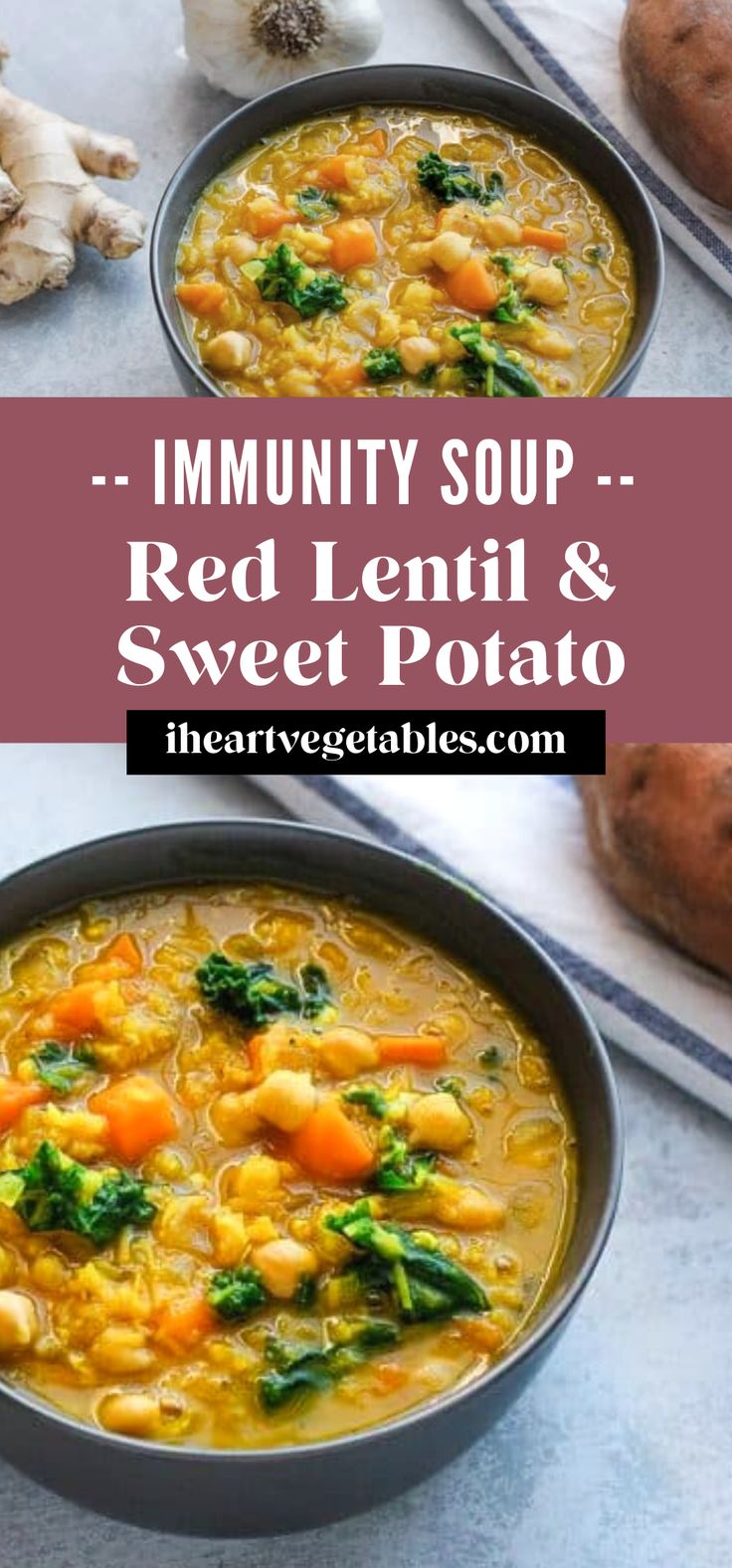 two bowls of red lentil and sweet potato soup with spinach on the side