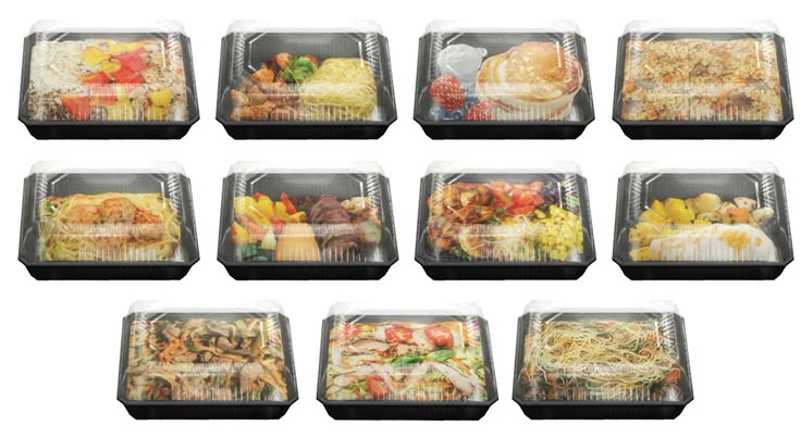 twelve plastic containers filled with different types of food