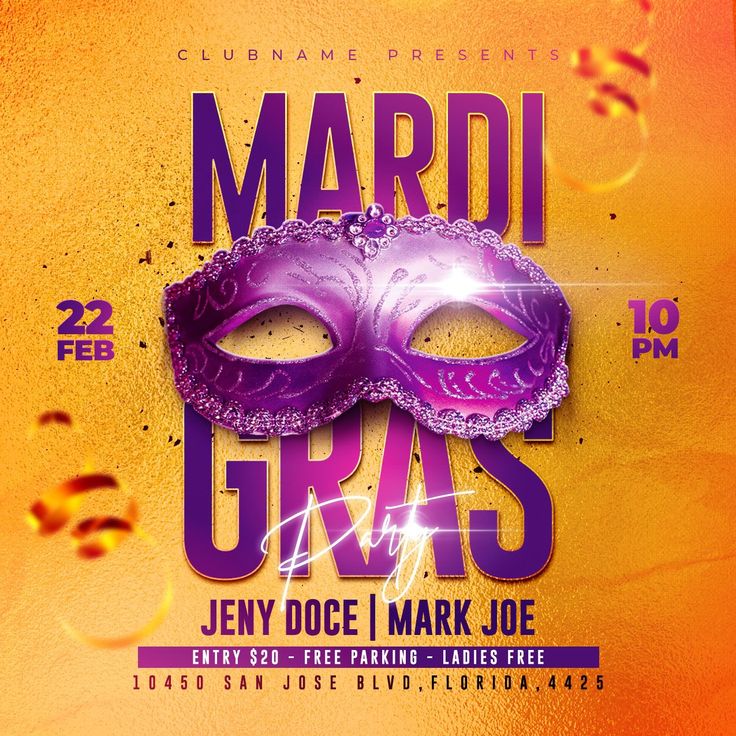 mardi gras party flyer with purple mask on yellow and orange background for event