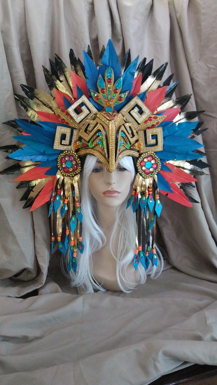 Diy Aztec Headdress, Cardboard Headdress, Aztec Cosplay, Aztec Feather Headdress, Aztec Headpiece, Aztec Crown, African Headdress, Aztec Headdress, Aztec Costume