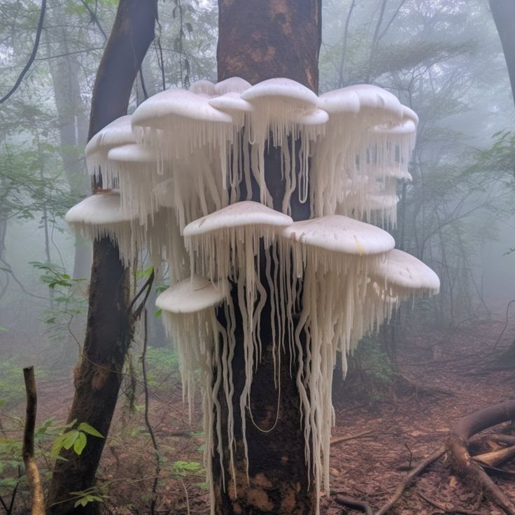 a group of white mushrooms growing on top of a tree in the foggy forest