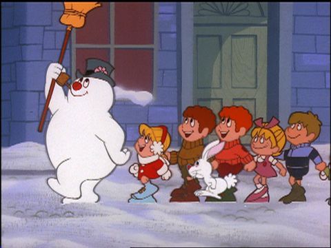 cartoon characters standing in front of a snowman