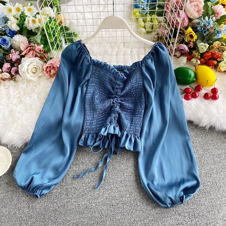 Cute drawstring long sleeve top crop topsFabric: blendedColor: black, white, blueSize(cm): free sizelength 32cm bust 60-94cm sleeve length 56cm Blouse Korean Style, Chiffon Crop Top, Smocked Blouse, Smock Blouse, Short Puff Sleeve, Korean Fashion Dress, Chic Office, Style Blouse, Top Crop