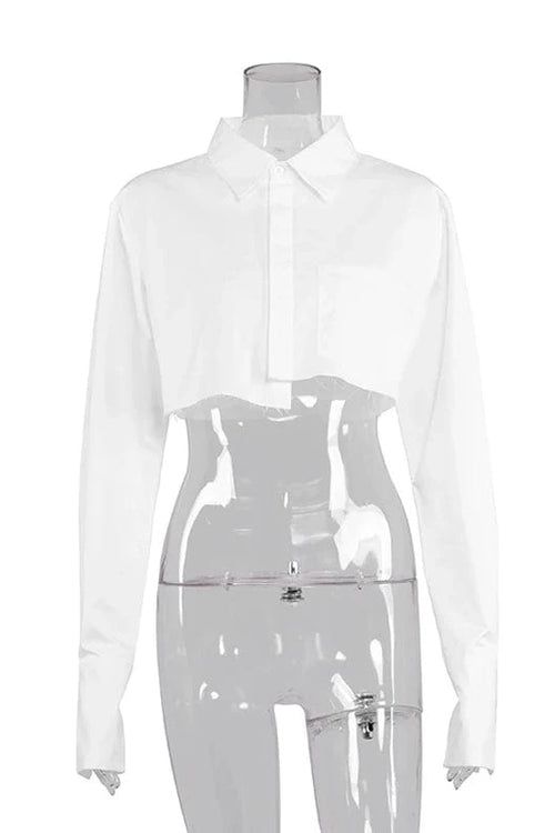 Cropped Polo Long-Sleeves| MABEL LOVE White Button Up Crop Top, Blusas Crop Top, Crop Top Blanc, White Crop Blouse, Women Blouses Fashion, White Collared Shirt, Crop Top Casual, White Long Sleeve Shirt, White Button Up