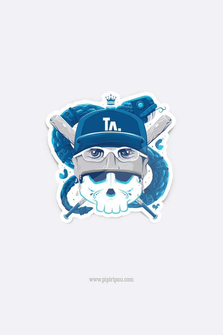 a sticker with a baseball cap and skull in the middle, on a white background