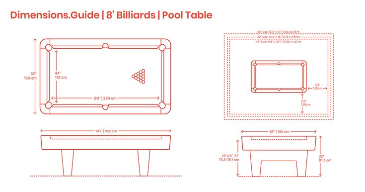 the dimensions guide for billiards pool table is shown in red and white, with measurements