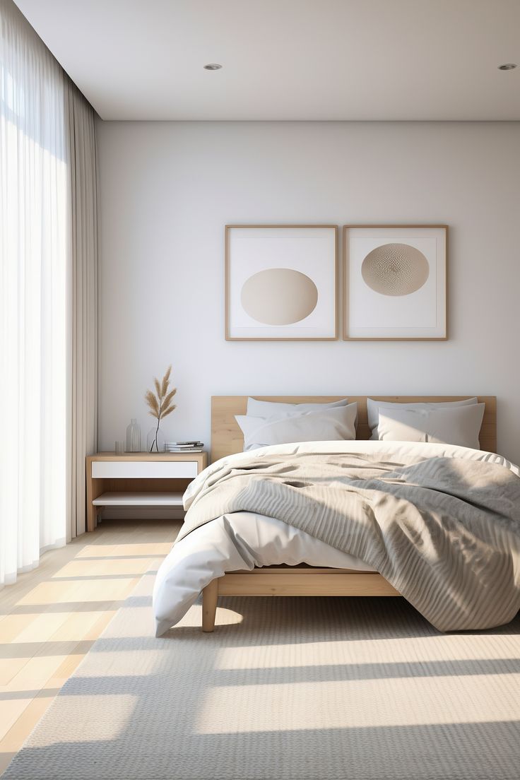 a large bed sitting in the middle of a bedroom next to two pictures on the wall