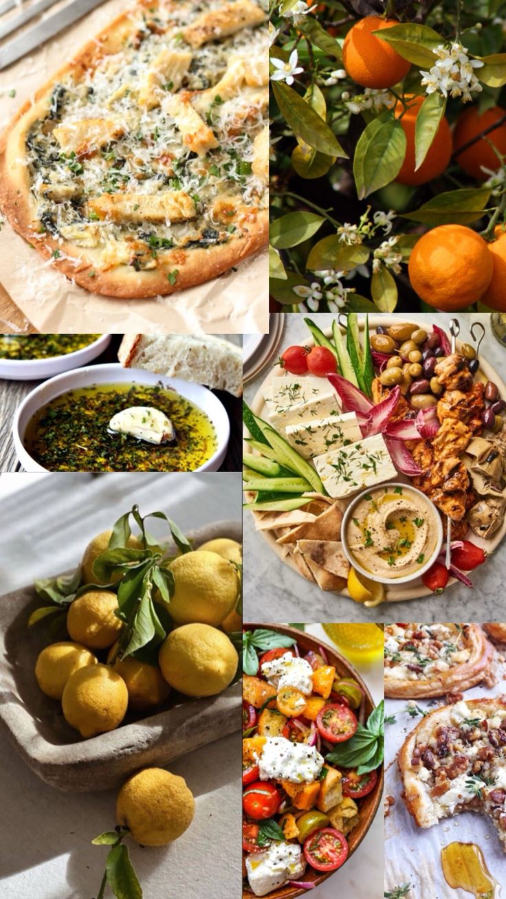 many different types of food are shown in this collage with oranges, lemons and other foods