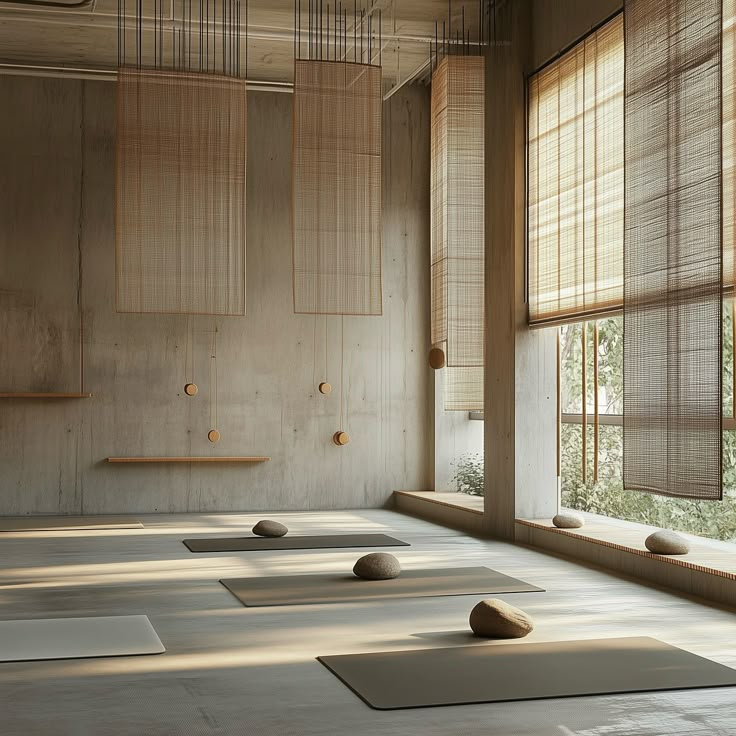 yoga mats lined up on the floor in front of large windows with bamboo shades covering them