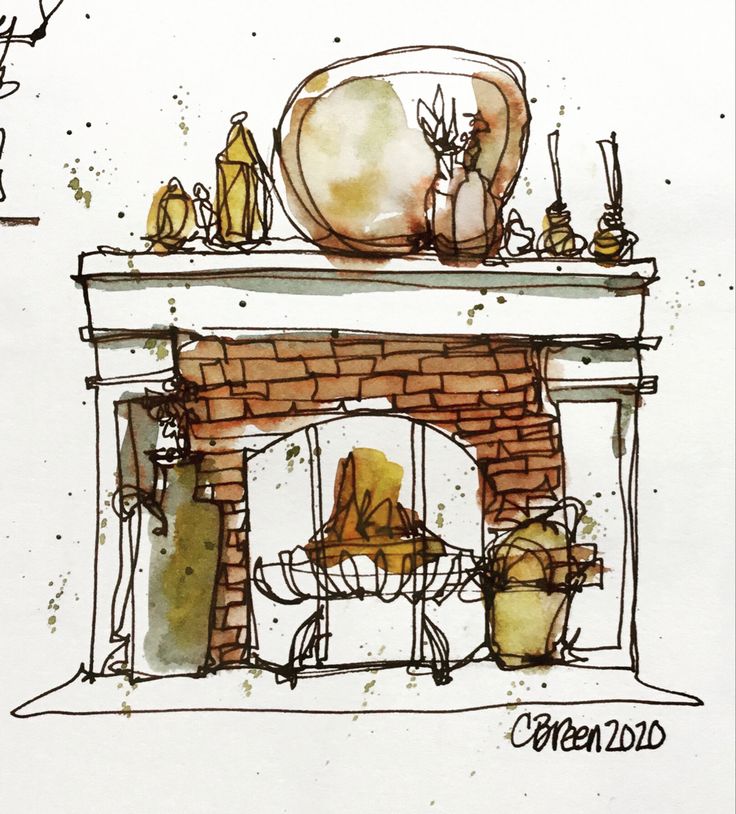 a drawing of a fireplace with pots and pans on top