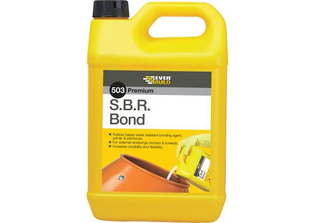 a gallon of s b r bond on a white background with a black cap and yellow handle