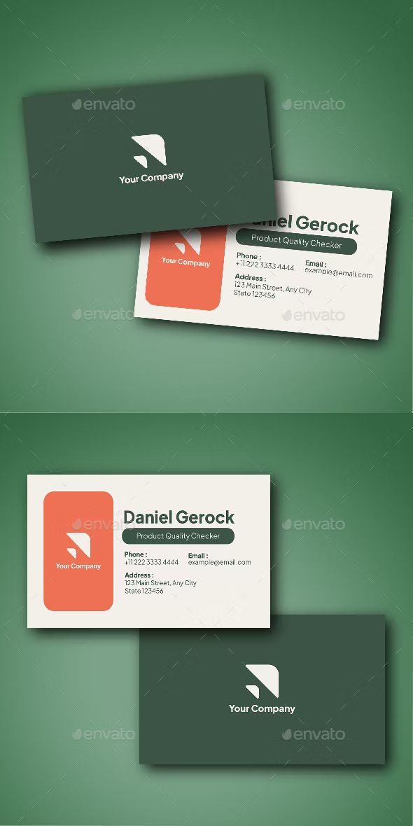 three business cards with different colors and font on them, one is green and the other is