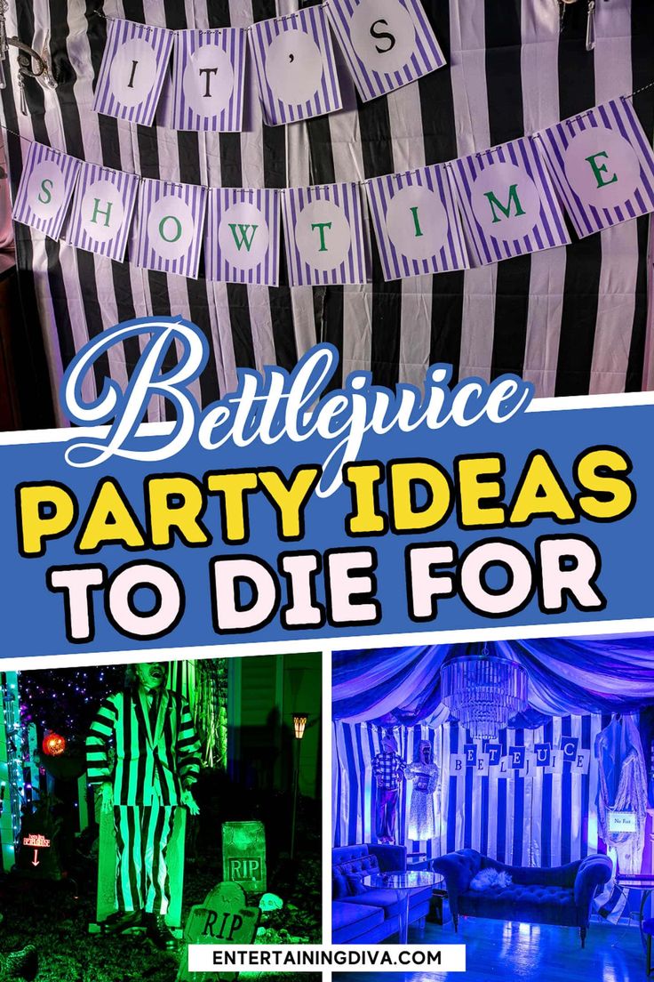 Beetlejuice Party Ideas To Die For Beetlejuice Party Ideas, Beetlejuice Birthday, Beetlejuice Decor, Diy Halloween Bottles, Halloween Scene Setters, Beetlejuice Aesthetic, Tim Burton Party, Beetlejuice Party, Unique Birthday Party Ideas