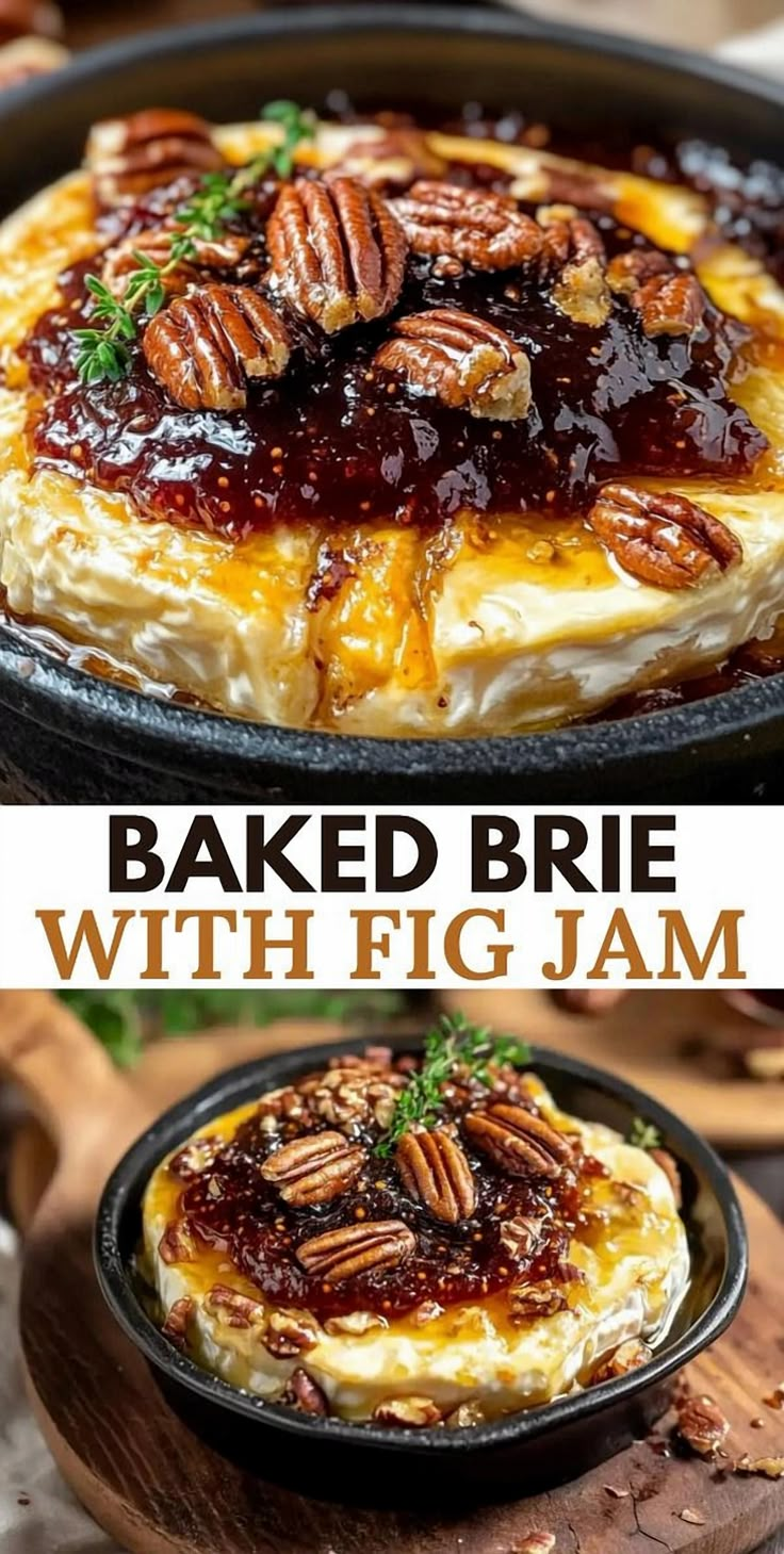 baked brie with fig jam in a cast iron skillet and topped with pecans