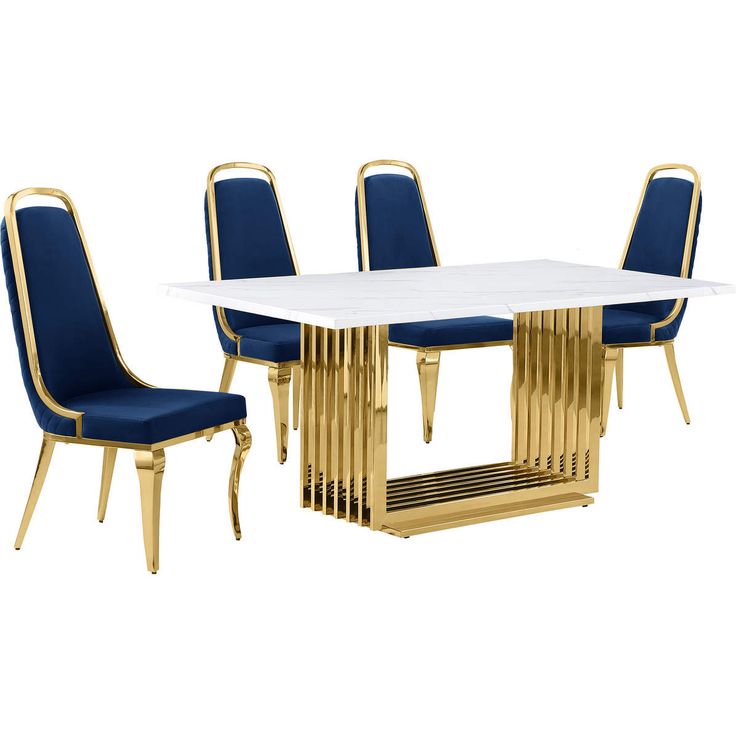 a dining room table with blue chairs and a white marble top