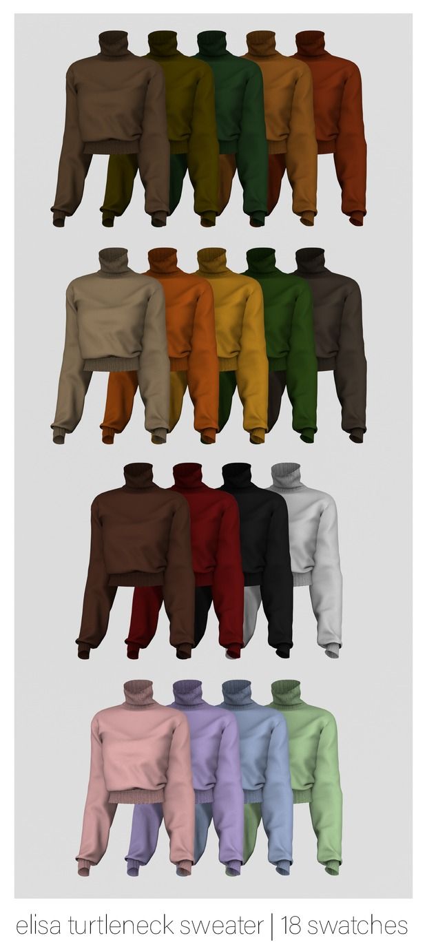 an assortment of sweaters with different colors and sizes, all on one side of the image