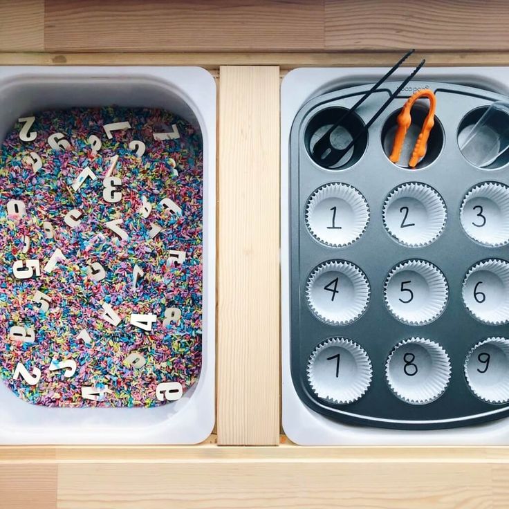 two trays filled with cupcake batter and sprinkles next to each other