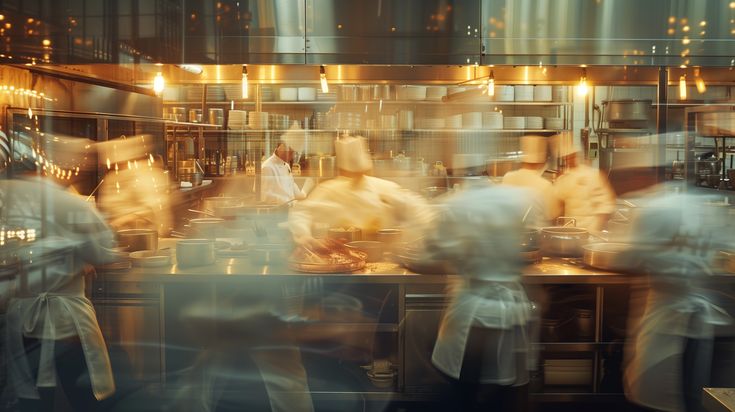 blurry image of chefs working in a restaurant kitchen