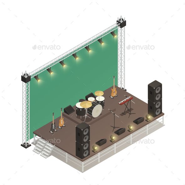 an outdoor stage set up for a music concert with sound equipment and lights - objects illustrations