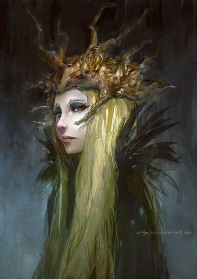 a painting of a woman with long hair and feathers on her head, wearing a green dress