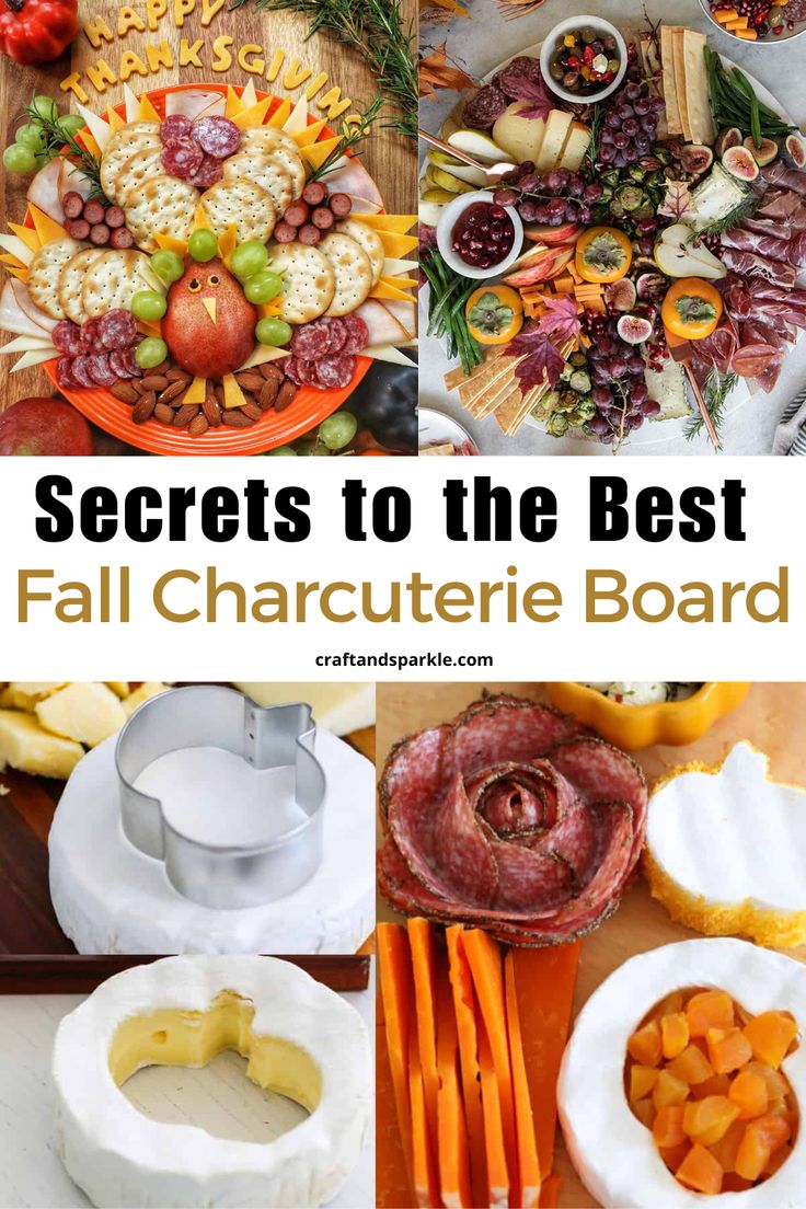 the best fall charcuterie board with pictures and text overlay that reads secrets to the best fall charcuterie board