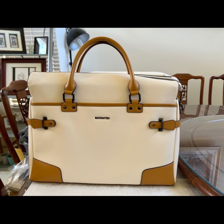 New With Tag Color: Beige B-111 White Rectangular Bag With Gold-tone Hardware, Designer White Satchel With Gold-tone Hardware, White Rectangular Shoulder Bag With Gold-tone Hardware, White Satchel With Leather Handles, Designer White Satchel For Travel, Luxury White Rectangular Satchel, Luxury White Satchel For Office, Luxury White Leather Satchel, White Leather Luxury Satchel