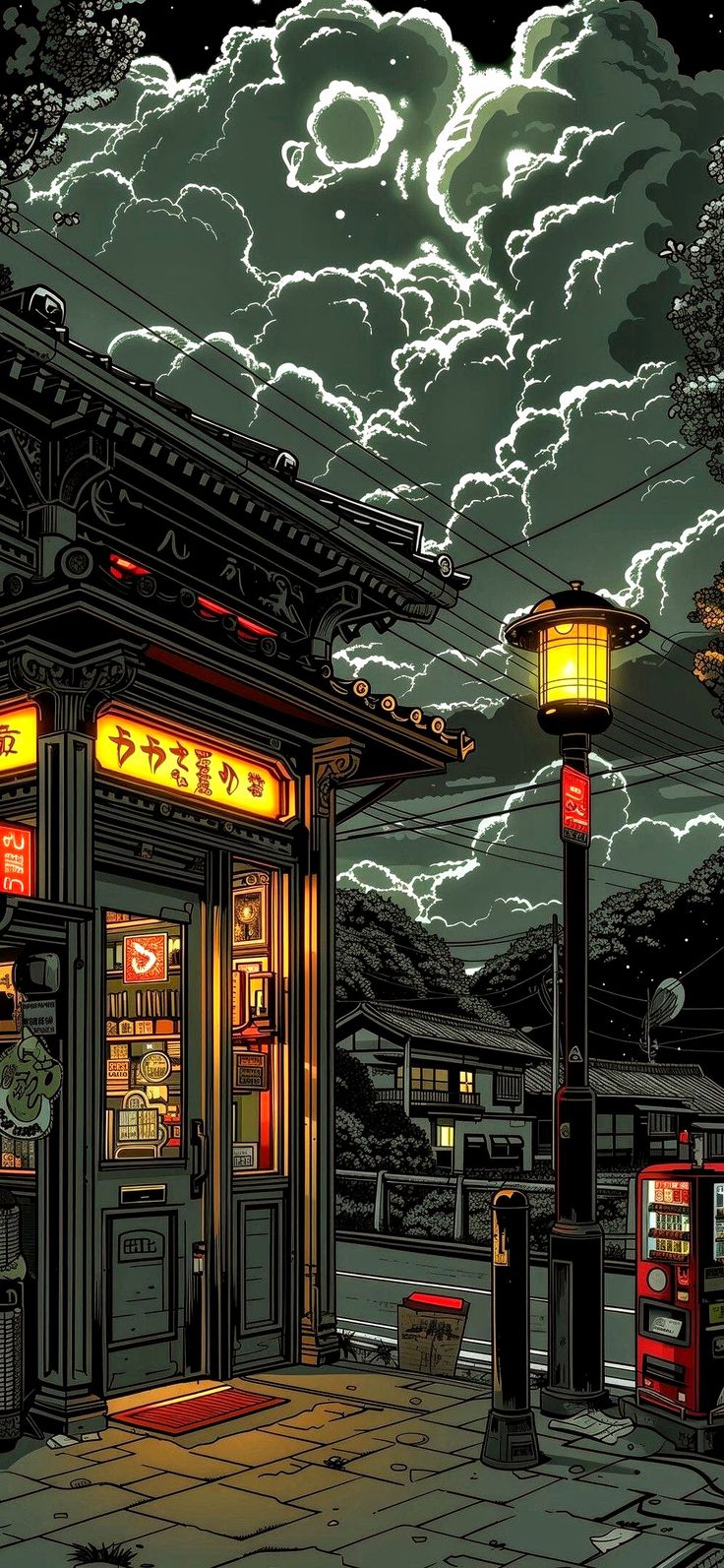 an illustration of a chinese restaurant at night with clouds and lightning in the sky behind it