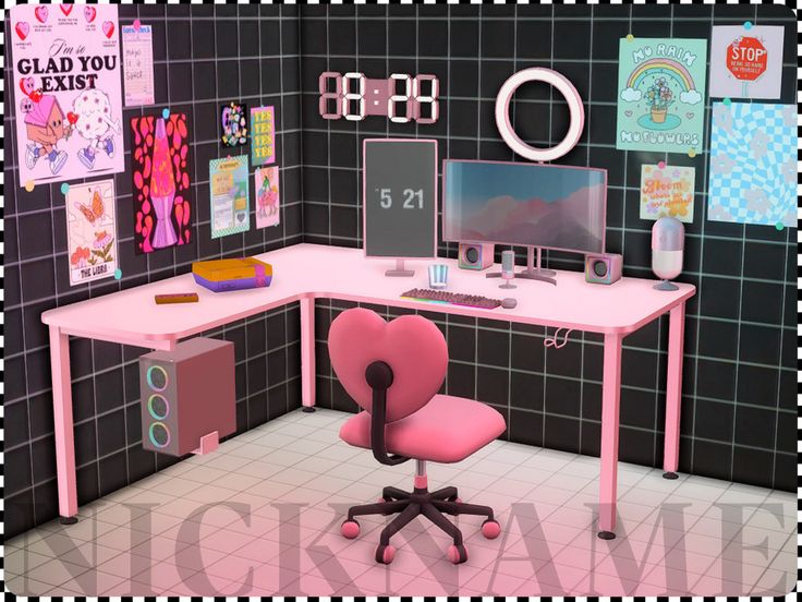 a computer desk with a pink chair next to it and lots of pictures on the wall