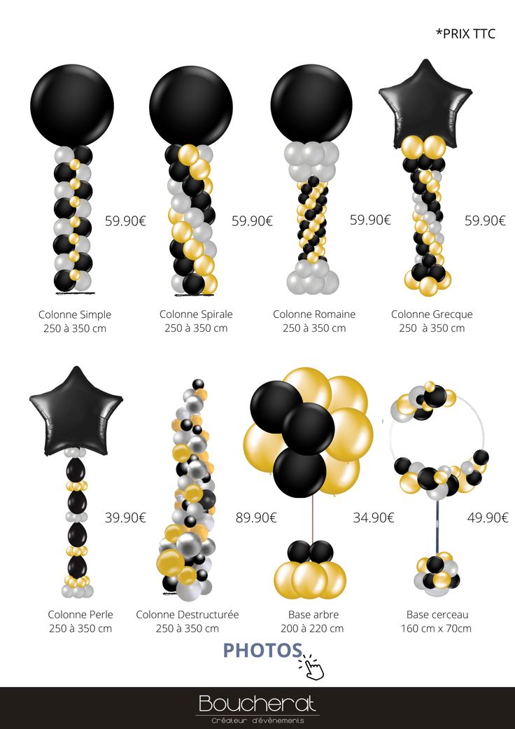 an image of balloons and streamers in black, gold and silver colors with the number three