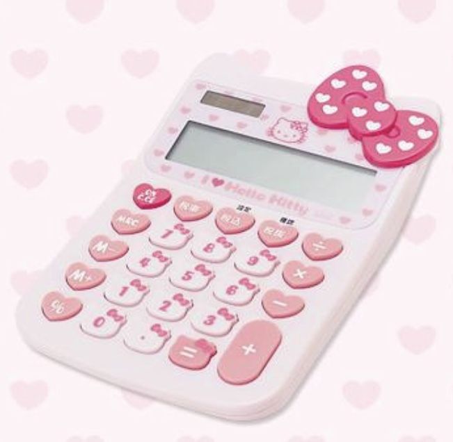 a pink calculator with hello kitty on the front and two hearts on the back