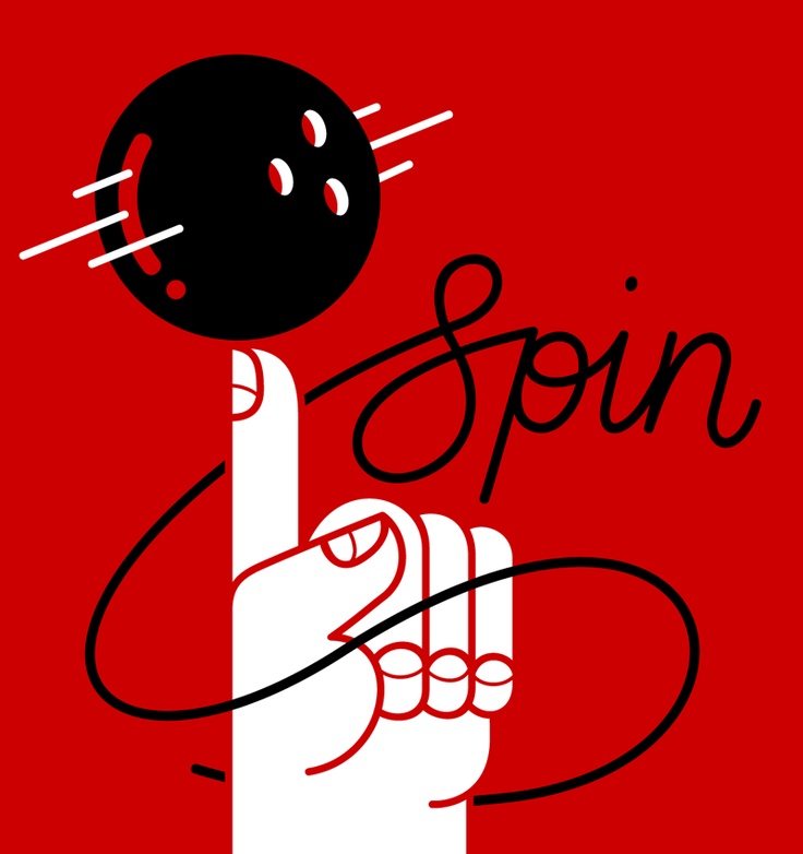 a red poster with a hand holding a bowling ball and pointing to the word spin