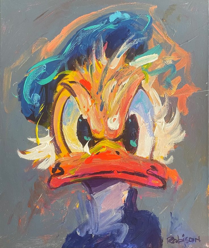 an oil painting of a duck wearing a blue hat with yellow and red feathers on it's head