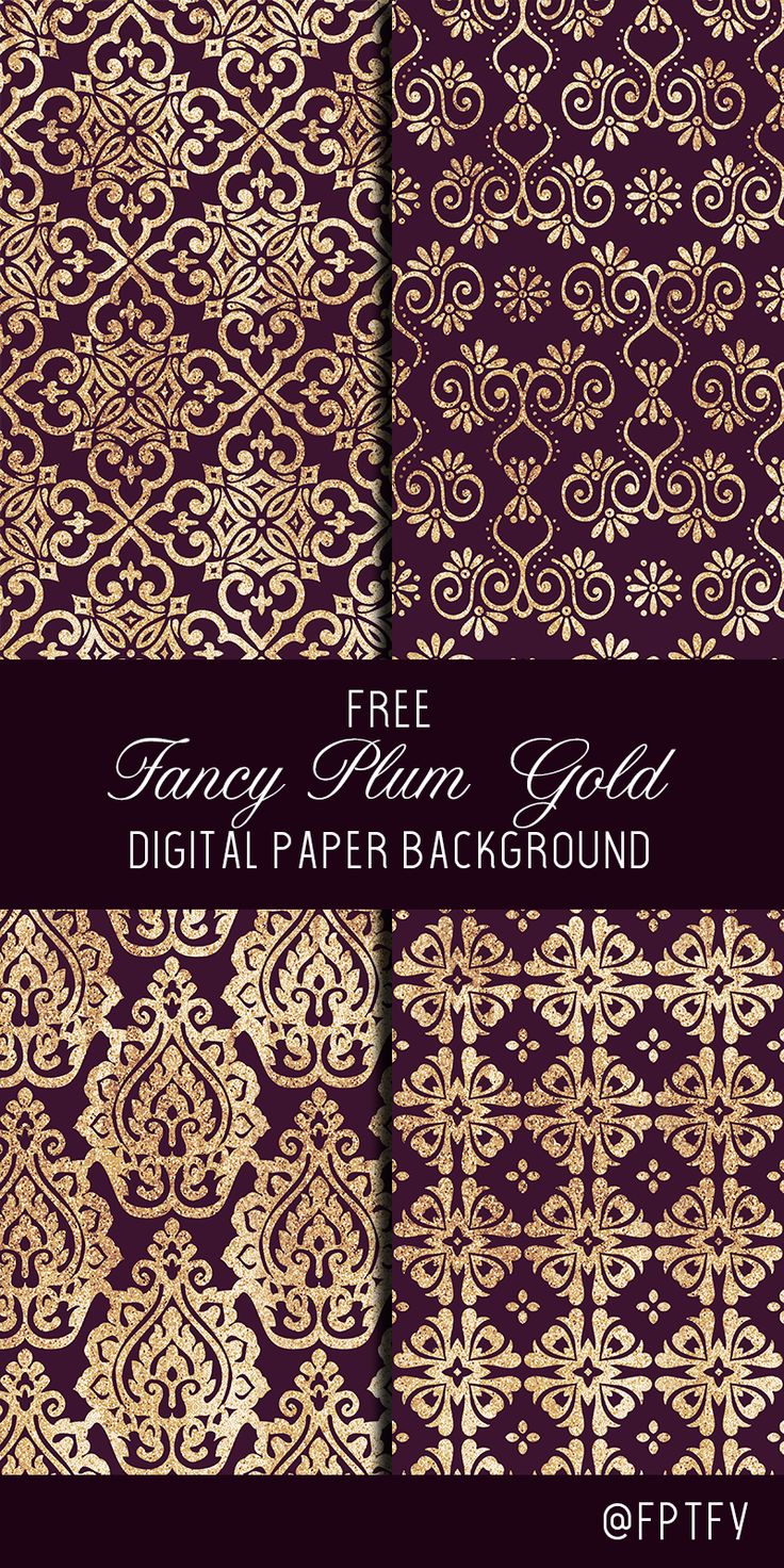 three gold and purple damask paper designs with the text free for any design project