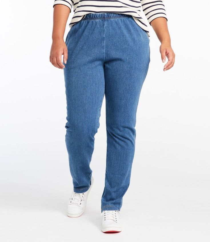 Pairing comfort and style, these women’s elastic waist jeans are our most popular stretch pants, now in the ultrasoft fabric of our Comfort Knit Jeans. Inseams: Regular 29½", Petite 27½", Medium Tall 31½", Plus 29½". Original Fit: Sits higher on the waist. Relaxed through hip and thigh. Tapered-leg. Wrinkle-resistant 96% cotton, 4% spandex for shape retention. Machine wash and dry. Stretches and moves with you but always recovers its shape. Comfortable gathered waistband. Front pockets. Printed Knit Jeans, Elastic Waist Jeans, Pants Denim, Knit Denim, Cotton Jeans, Waist Jeans, Women Denim Jeans, Fit Pants, Stretch Pants