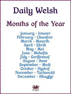 the front cover of daily welsh months of the year, with blue and red lettering